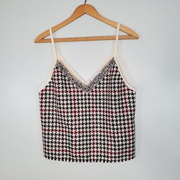 Zara Red White and Cream Houndstooth Camisole Tank Top M - Picture 2 of 8